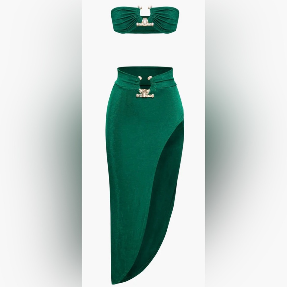 Green Asymmetrical Midi Skirt Set
